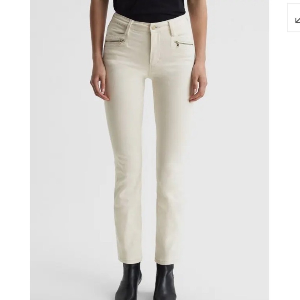 PAIGE Cindy High Rise Straight Leg Jeans 27 Sandy Ecru Zip Pockets Stretch $485